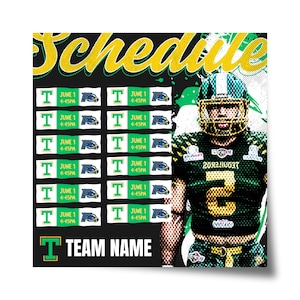 May include: A sports schedule graphic in green and yellow. The word "Schedule" is at the top. A football player in a green and gold uniform is on the right. The schedule includes the date, time, and team logos.