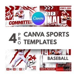 May include: A promotional graphic for Canva sports templates, showcasing baseball players and the Canva logo. The design uses red and white colours with text including "Committed," "Final," and "Baseball." Player statistics are also displayed.