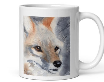 Fox Watercolor Portrait by Sue Reimbold on White 11 ounce glossy mug