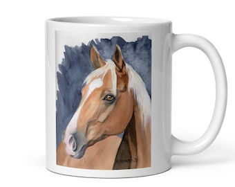 Palomino Horse Portrait Original Art of Sue Reimbold on White glossy mug