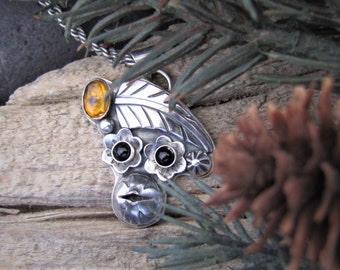 Forest Nymph Sterling and Amber Fairy Pendant with Ebony Eyes