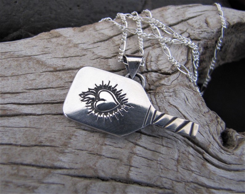 Sacred Heart Pickleball Paddle Sterling Silver Pendant with 18 Sterling Chain