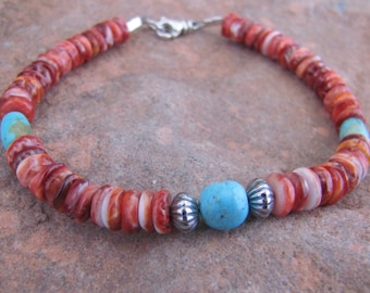 The Red Spiny Oyster, Turquoise and Silver Bead Bracelet