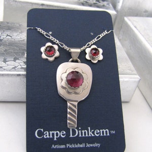Almost Perfect Gift Sterling Silver Red Garnet Flower Power Pickleball Paddle Pendant by Reimbold And Earrings with 18 inch Sterling Chain