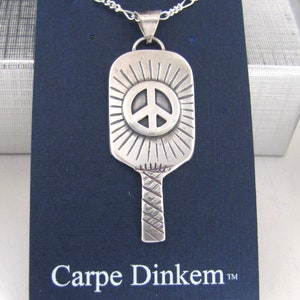 Pickleball Peace Paddle Silver Pendant by Reimbold with 18” Silver Chain Necklace