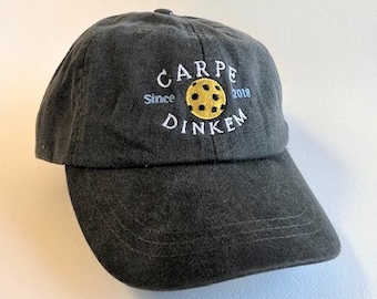 The Carpe Dinkem® Black Cotton Twill Perfect Pickleball Cap with Embroidered Three Color Design