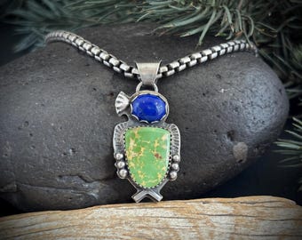 Green Turquoise and Blue Lapis Modern Southwest Sterling Silver Bird Pendant