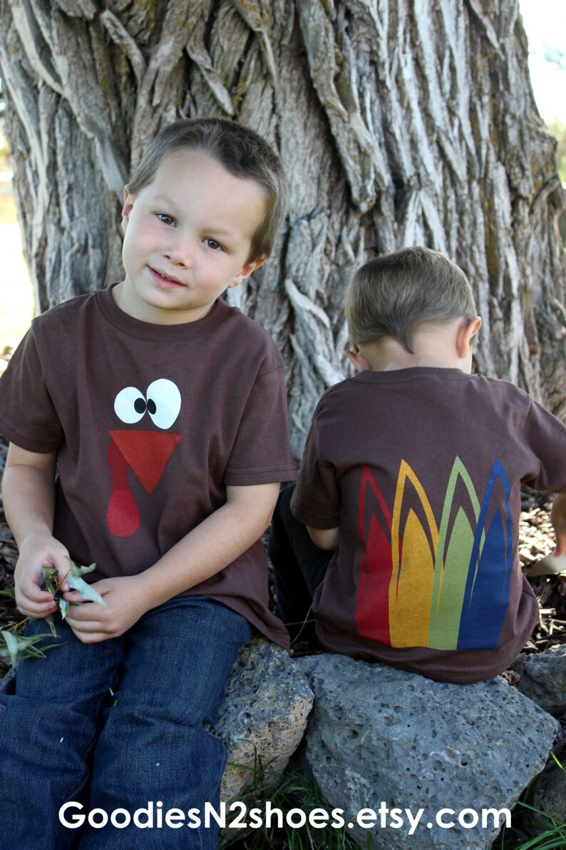 5/6 size Turkey shirt with feathers on the back short sleeve Thanksgiving READY TO SHIP image 1