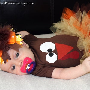 12 month Turkey onesie with feathers on the back short sleeve onesie bodysuit Thanksgiving READY TO SHIP image 3
