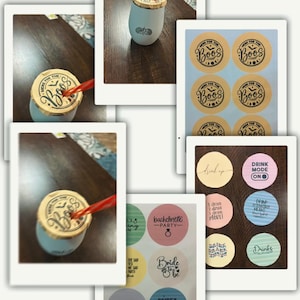 May include: A collage of images showing a light blue tumbler with a straw, and several round stickers. The stickers display phrases such as "Here for the Boos", "Drink Mode On", and "Bachelorette Party".