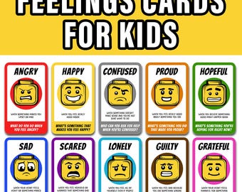 Puede incluir: Un conjunto de Tarjetas de Sentimientos para Niños, cada tarjeta muestra una emoción diferente como enfado, felicidad o tristeza. Cada tarjeta tiene una cara amarilla que expresa la emoción y una pregunta relacionada con el sentimiento. Las tarjetas están diseñadas para ayudar a los niños a comprender y expresar sus sentimientos.