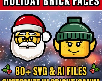 Puede incluir: Gráfico digital con dos caras estilo ladrillo: Papá Noel y un elfo. Papá Noel lleva un gorro rojo y gafas, el elfo tiene un gorro verde. El texto dice "HOLIDAY BRICK FACES" y "80+ SVG & AI FILES CUSTOMIZE IN CRICUT/CANVA."