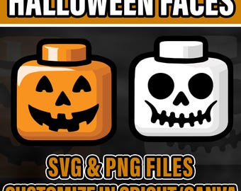 Puede incluir: Gráfico digital con el texto HALLOWEEN FACES en la parte superior y SVG & PNG FILES CUSTOMIZE IN CRICUT/CANVA en la parte inferior. Se muestran dos cabezas de juguete tipo bloque: una calabaza naranja y una calavera blanca.