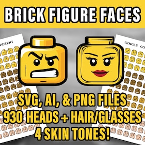 Brick Character Heads & Faces SVG, PNG Bundle 900+ | 4 Skin Tones, Hair | Transparent Background | Cricut Clipart | Instant Download