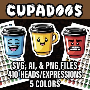 Cupadoos süße Kaffee Charaktere SVG PNG Bundle 400+ | Kawaii Tassen Clipart | Bearbeitbare benutzerdefinierte Kaffee-Gesichter | Cricut-Datei | Sofort Download
