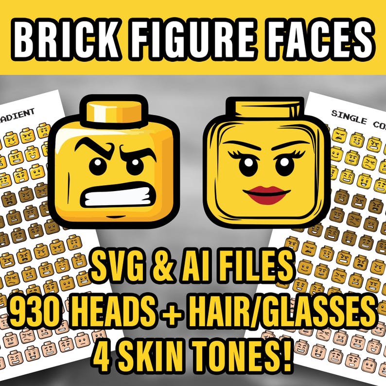 Paquete de imágenes SVG de cabezas de personajes de ladrillo: más de 900 imágenes prediseñadas de caras, cabello y tonos de piel (descarga instantánea) imagen 1