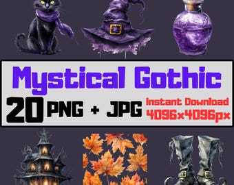 Paquete de imágenes prediseñadas de acuarela gótica mística: 20 archivos PNG y JPG. Ilustraciones oscuras y brujas en acuarela.