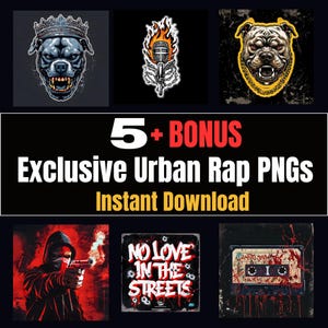 Gangster Rap Graphics Bundle – 5x PNG + JPG (4000px) | Streetwear T-Shirt Designs | Dark Urban Clipart for POD & Merch