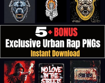 May include: A digital graphic featuring six urban rap-themed designs. The designs include illustrations of a dog wearing a crown, a microphone engulfed in flames, a dog with a gold chain, a person holding a gun, text that reads "NO LOVE IN THE STREETS", and a cassette tape.