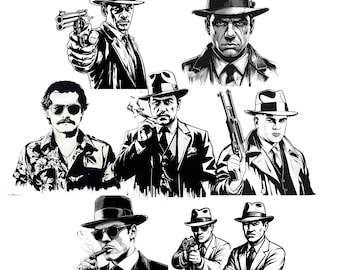 Gangster Clipart Bundle 7 Mafia Illustrations, Vintage Noir Style PNGs, Transparent Background