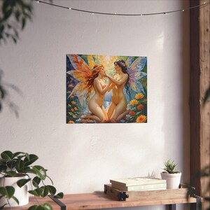 Twin Faerie Lovers Poster, Ethereal Garden of Light, Bohemian Wall Decor, Fairy Art Print, Home Decor, Gifts for Art Lovers, Fantasy Artwork