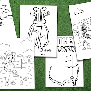 May include: Black and white line art illustrations of golf-themed images. The images include a golf ball on a tee, a golf bag with clubs, a golf cart, a golfer, and a map of the United States with a golf flag.