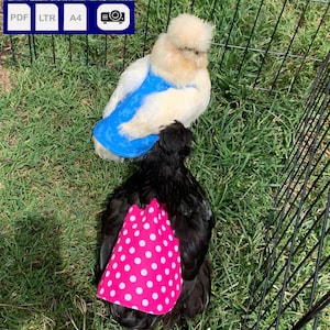 Könnte beinhalten: Zwei Hühner tragen farbenfrohe Outfits. Das weiße Huhn trägt eine blaue Weste mit einem weißen Muster. Das schwarze Huhn trägt ein rosa Kleid mit weißen Punkten.