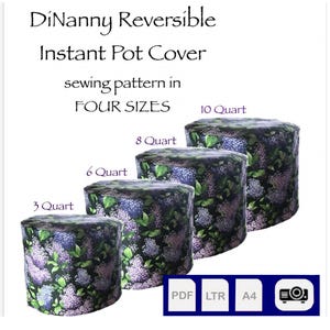 Pode incluir: Um padrão de costura para uma capa reversível para Instant Pot em quatro tamanhos: 3, 6, 8 e 10 quartos. O padrão está disponível nos formatos PDF, LTR e A4. A capa é feita com um tecido floral com um padrão de lilás sobre um fundo preto.