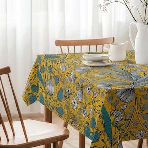 William Morris Tablecloth: Yellow & Green Floral Cotton Linen - Rectangle or Square