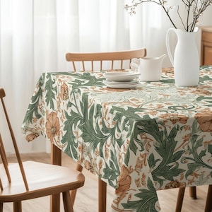 William Morris Tablecloth: Green Floral Cotton Linen, Vintage Style