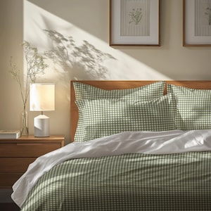 Green Gingham Bedding Set Pillow Case King Duvet Cover Queen Full Twin XL Boho Bedspread Checkered Bedding Shabby Chic Decor Farmhouse
