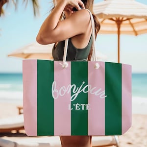 Benutzerdefinierte französische Strandtasche Hallo Sommertasche Übergroße Reisetasche mit Seilgriffen Große Preppy Pooltasche Personalisiertes Urlaubsgeschenk für Sie
