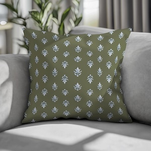 Green Block Print Pillow Cover Mughal Butta Blockprint Pillow Green and Blue Pillow Blocked Print Boho Farmhouse Throw Pillowcase for Sofa