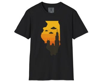 Camiseta unisex con OVNI al atardecer y horizonte de Illinois, camiseta con estampado de OVNI del estado de Chicago, camiseta con estampado vintage del horizonte de la ciudad, camiseta con el orgullo del estado de Illinois, única