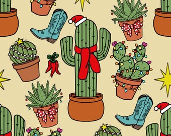 Patrón de cactus navideño sin costuras / Repetición de festividades del suroeste / Diseño digital de papel de regalo y tela