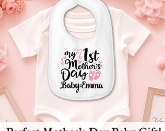 Personalized My 1st Mother's Day Baby Bib – Footprint Design, Custom Name – Soft Cotton Terry