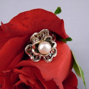 Pearl on Flower Handmade Silver Ring ElenadE image 1