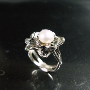 Pearl on Flower Handmade Silver Ring ElenadE image 5