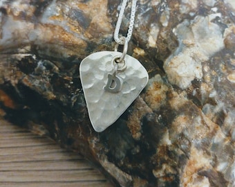 Guitar Pick with Initial charm Handmade Sterling Silver Necklace.Personalized Guitar Pick Sterling Silver Pendant   Music necklace - ElenadE
