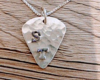 Guitar Pick with TWO Initials Handmade Sterling Silver Necklace.Personalized Guitar Pick  Pendant -two Initials   Music necklace . ElenadE