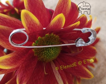 Sterling Silver Safety Pin  Brooch with Heart.Good Luck.ElenadE