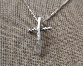 Minimalist Sterling Silver Cross Pendant. Everyday modern Cross Necklace .Tiny Sterling Silver Cross Necklace,