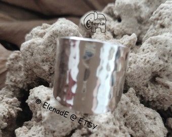 Sterling Silver Wide Band Ring. 1.5cm Adjustable Ring.Handmade Hammered or Flat Classic Silver Boho statement Tube Ring  - ElenadE