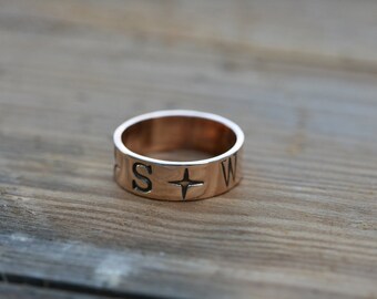 Solid Bronze Ring, Wedding Band, Handmade Compass Bronze Band, Unisex Bronze Band, Free Shipping