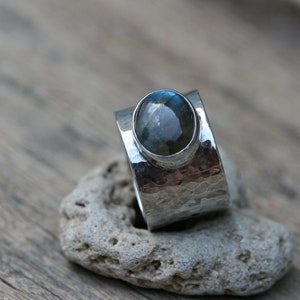 Labradorite Ring, Hammered Silver Ring , Handmade Ring ,Sterling Silver Ring, Wide Silver Ring, Silver Rings with Stone image 2