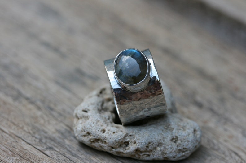 Labradorite Ring, Hammered Silver Ring , Handmade Ring ,Sterling Silver Ring, Wide Silver Ring, Silver Rings with Stone image 2