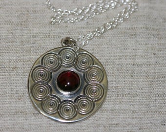 Silver Pendant ,Silver Necklace, Garnet Pendant ,Spirals Silver Pendant,Big Garnet Silver Pendant, Garnet Necklace, Garnet Silver Jewelry,