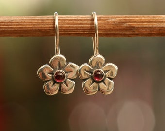 Silver Flower, Silver Earrings with Garnet, Handmade Silver Earrings, Silver Flower Earring, Silver Jewelry, Ready to ship, Free Shipping