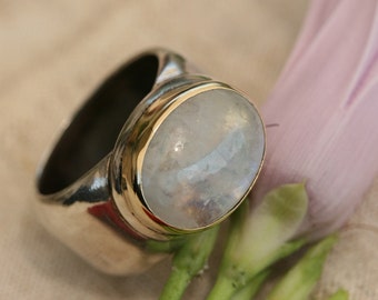 Moonstone Silver Rings, Pure Silver Moonstone Ring, Moonstone Ring, Silver and Gold Ring, Moonstone Jewelry, Birthstone Silver Ring , Size 8