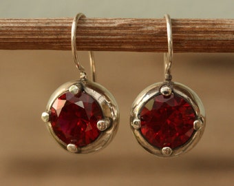 Silver Earring , Red stone Sterling Silver Earrings,  Garnet Zircon Earrings, Handmade Earrings, Silver Jewelry, Free Shipping,